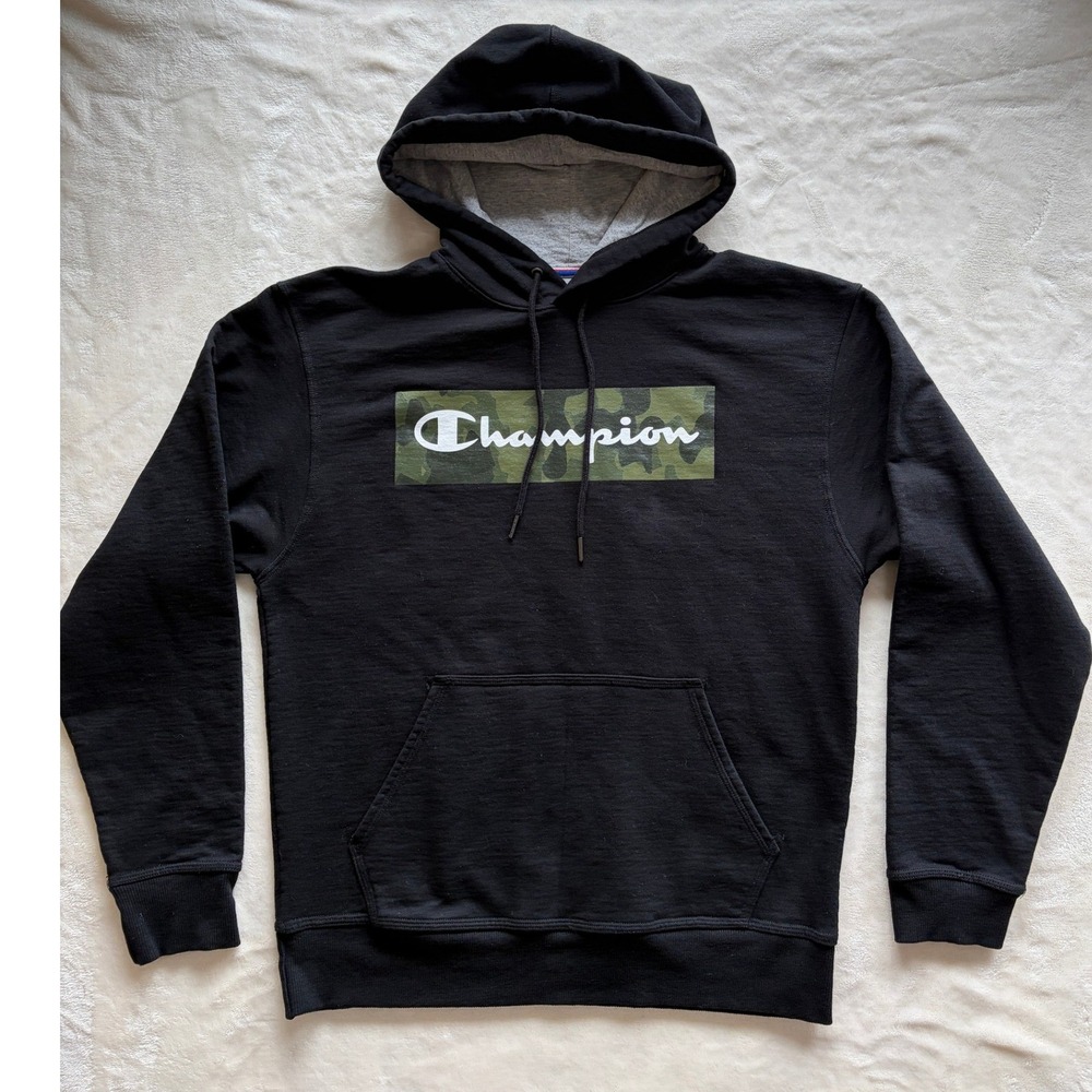 Champion Black Camo Box Logo Hoodie Mens Medium Excellent